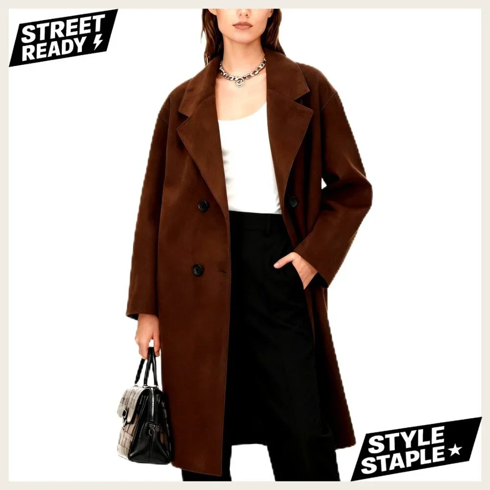 Long Wool Pea Coat Double Breasted Notched Lapel Trench Coat - Picture 1 of 7